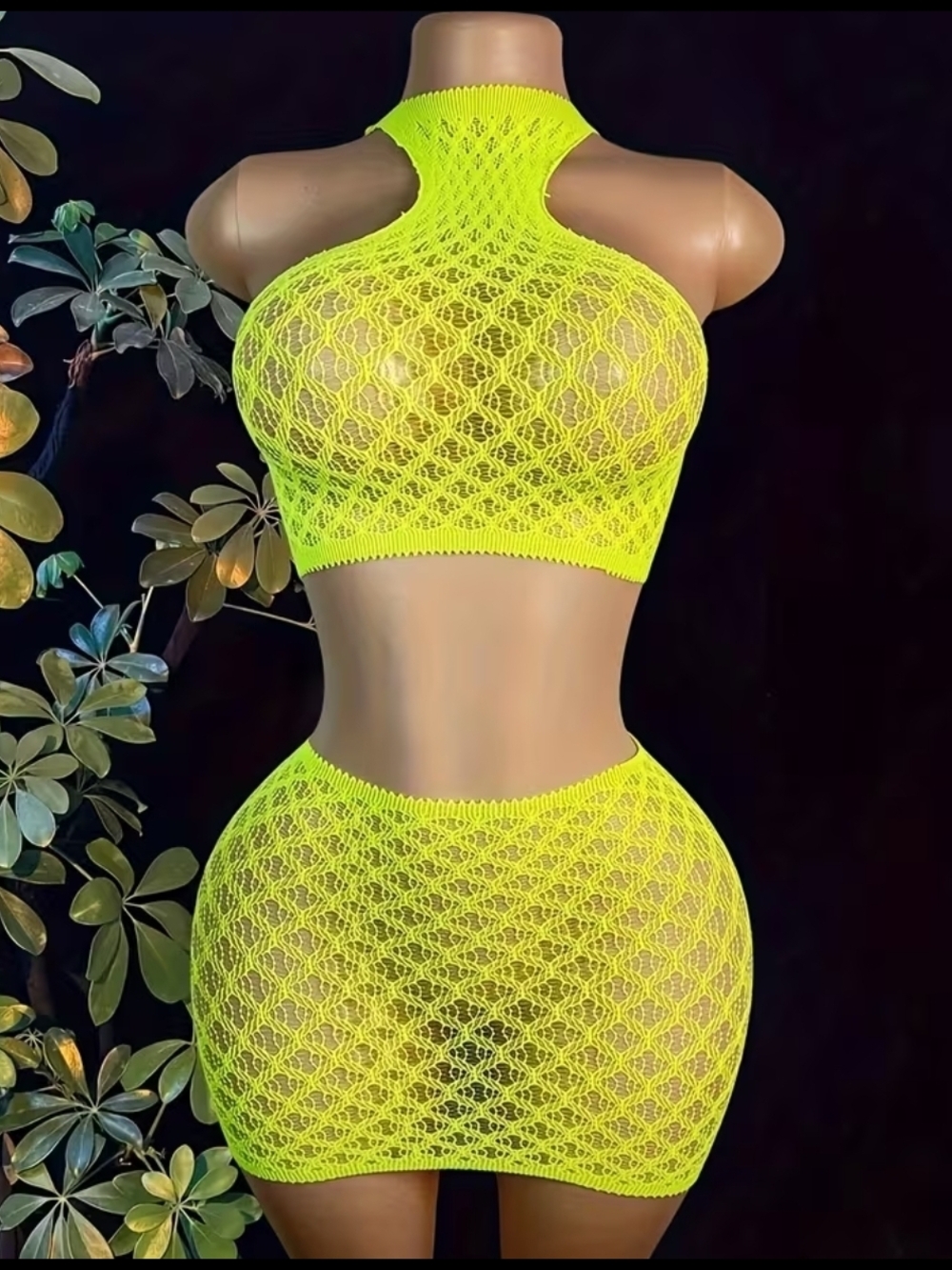 Neon Yellow Lace Halter Crop Top & Mini Skirt Set